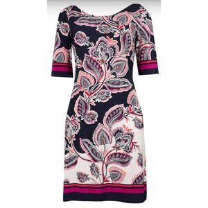 Eliza J Bold Floral Print Knee Length Shift Dress Navy 6 Elbow Sleeves 6 Bandana